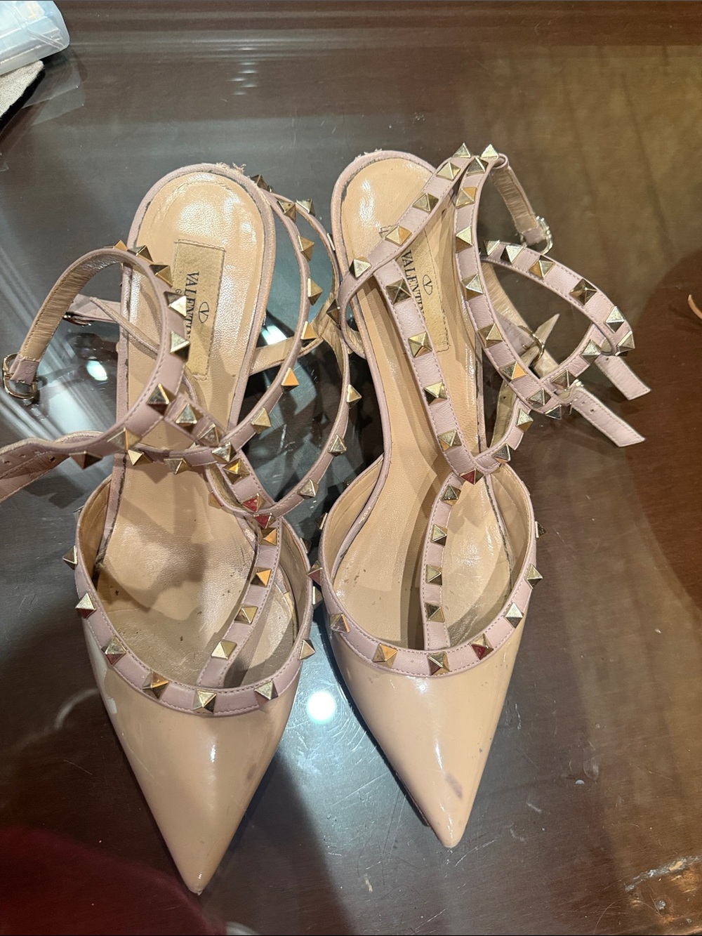 Valentino Rockstud Pointed-Toe Strappy Pumps - Nude Pink